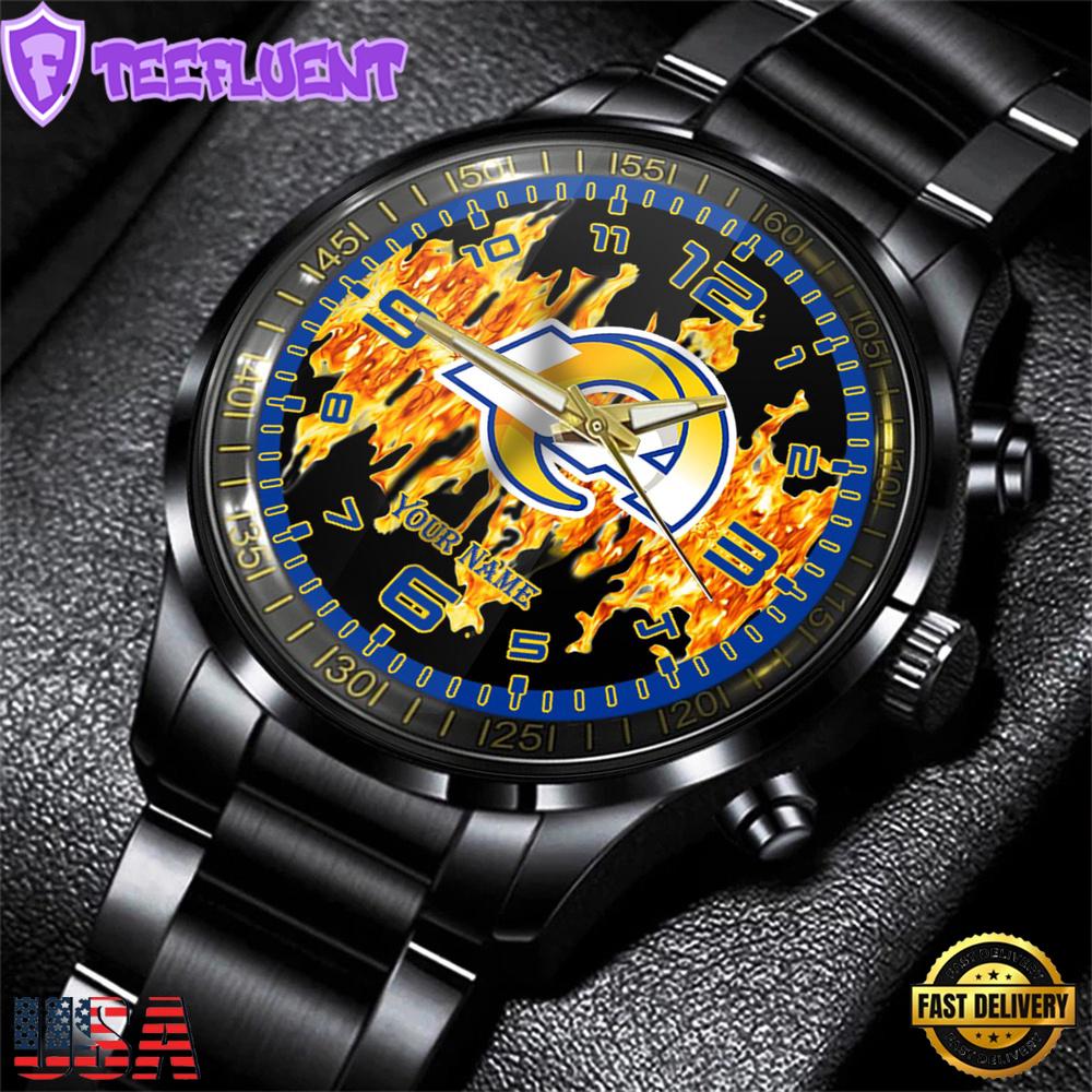 Custom Name Los Angeles Rams NFL 3D Men Black Stainless Steel Watch Gift For Fans