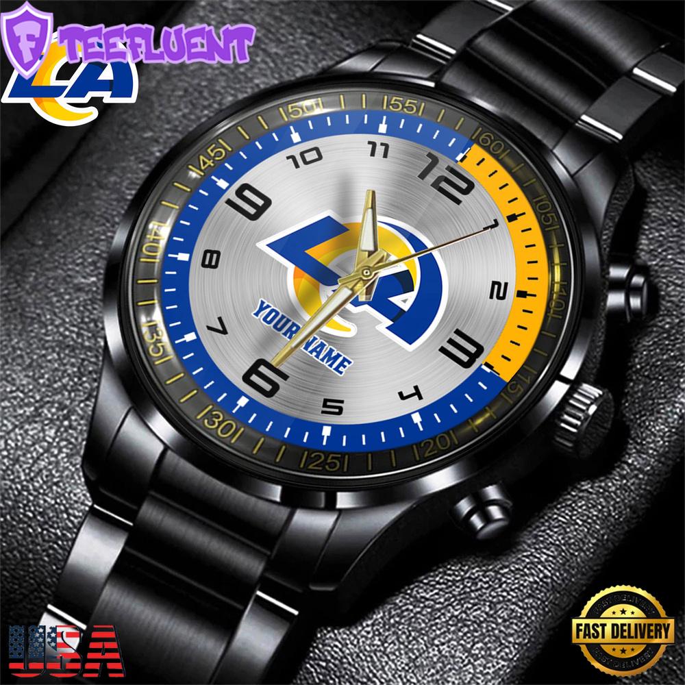 Custom Name Los Angeles Rams NFL Black Stainless Steel Watch Gifts For Fans