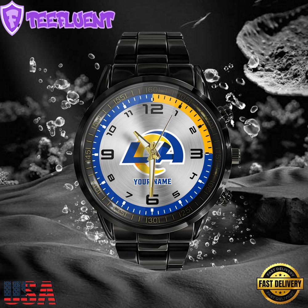 NFL Custom Name Los Angeles Rams Black Stainless Steel Watch Gifts For Fans NFL Custom Name Los Angeles Rams Black Stainless Steel Watch Gifts For Fans