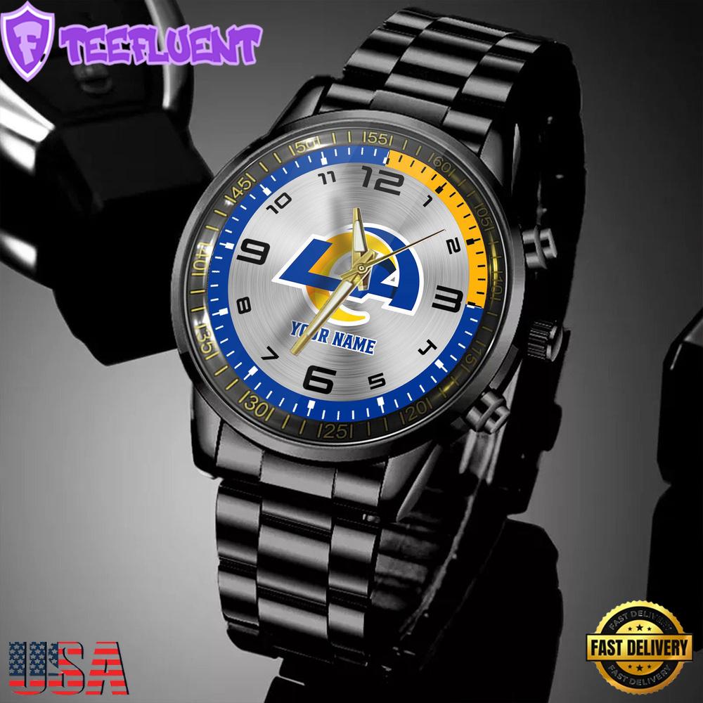 Custom Name Los Angeles Rams NFL Black Stainless Steel Watch Gifts For Fans