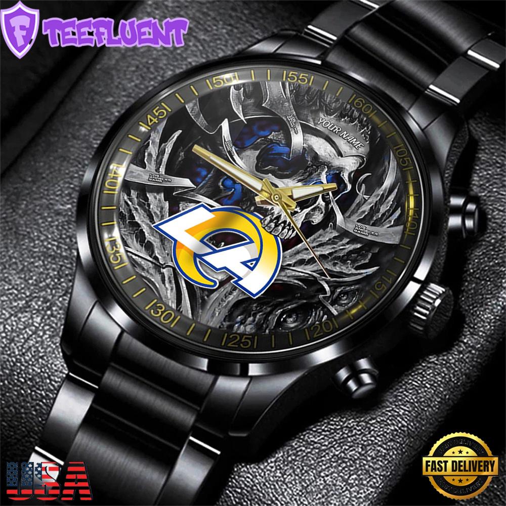 Custom Name Los Angeles Rams NFL Men Black Stainless Steel Watch Gift For Fans
