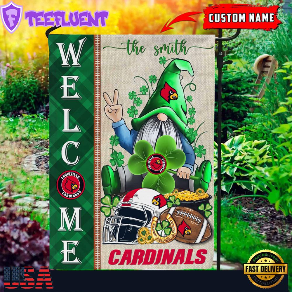 Custom Name Louisville Cardinals Happy St. Patrick's Day Shamrock House And Garden Flag