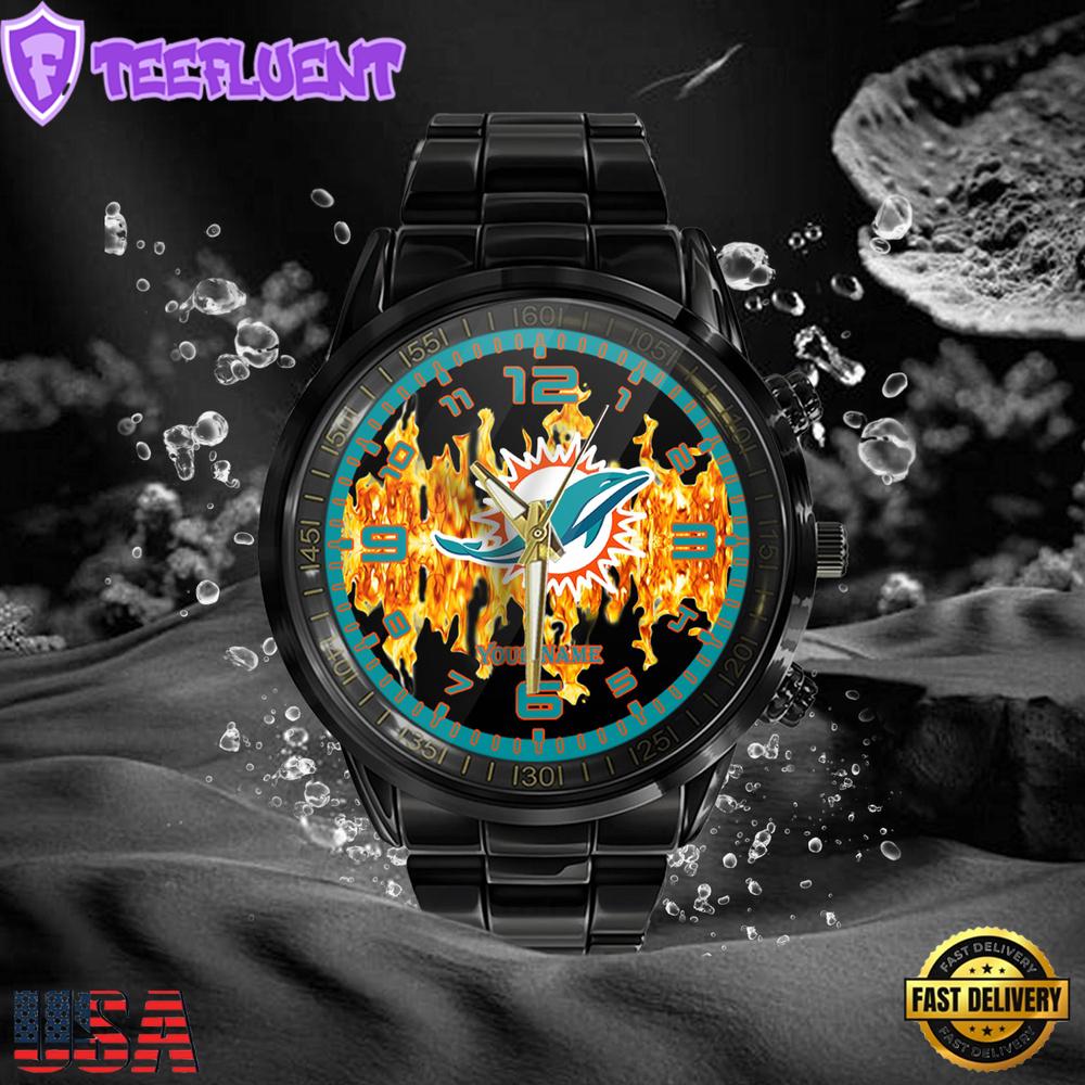 NFL Custom Name Miami Dolphins 3D Men Black Stainless Steel Watch NFL Custom Name Miami Dolphins 3D Men Black Stainless Steel Watch