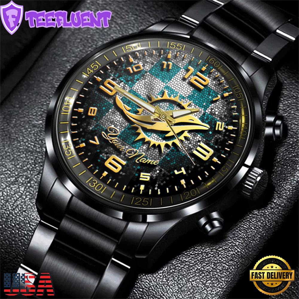 Custom Name Miami Dolphins NFL 3D Men Black Stainless Steel Watch Gift For Fans