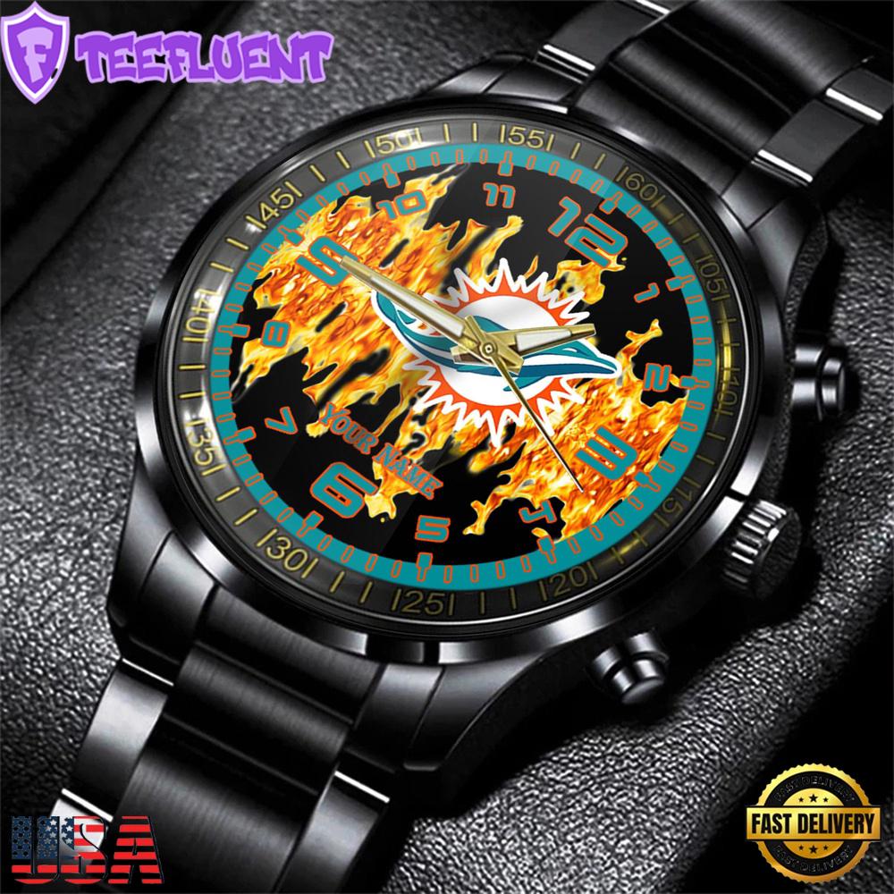 Custom Name Miami Dolphins NFL 3D Men Black Stainless Steel Watch Gift For Fans