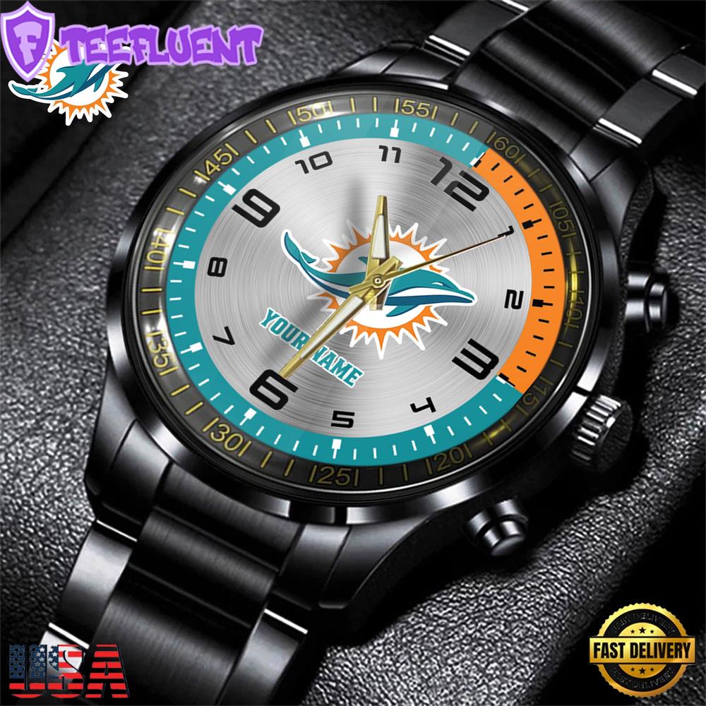 Custom Name Miami Dolphins NFL Black Stainless Steel Watch Gifts For Fans