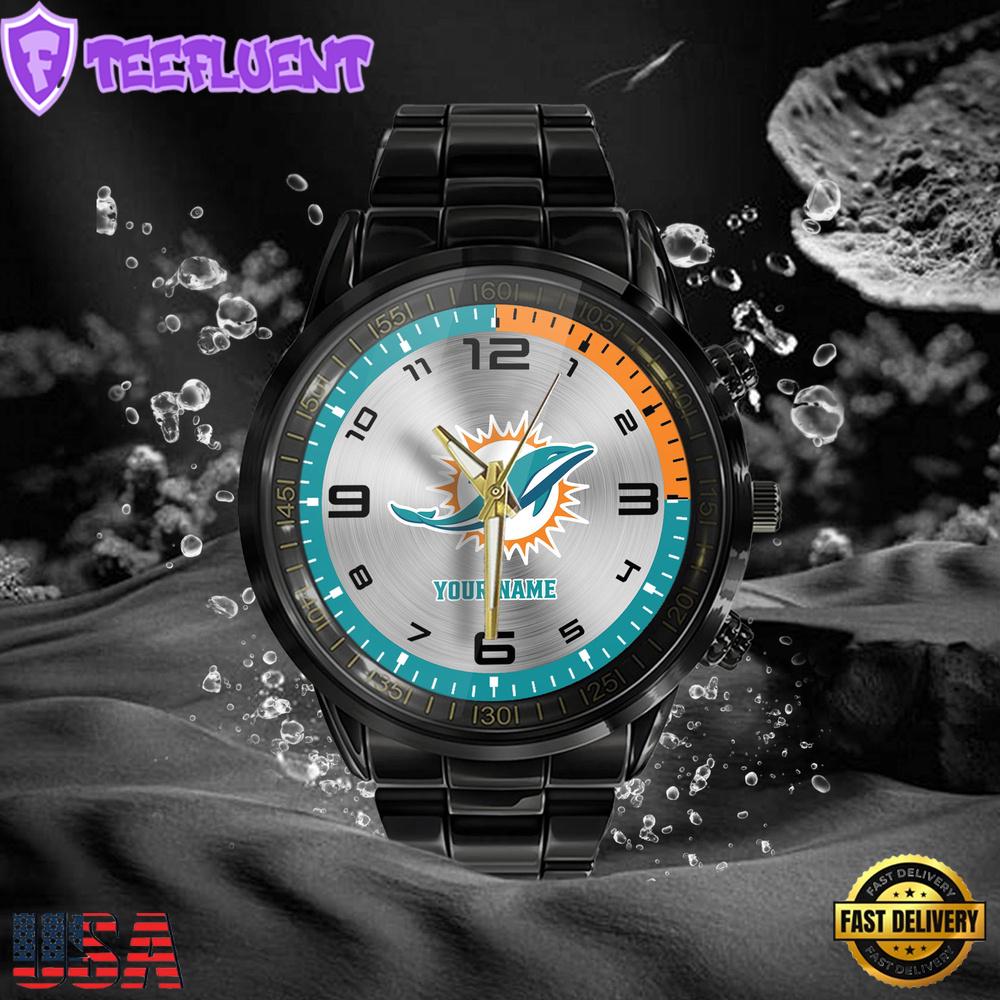 NFL Custom Name Miami Dolphins Black Stainless Steel Watch Gifts For Fans NFL Custom Name Miami Dolphins Black Stainless Steel Watch Gifts For Fans