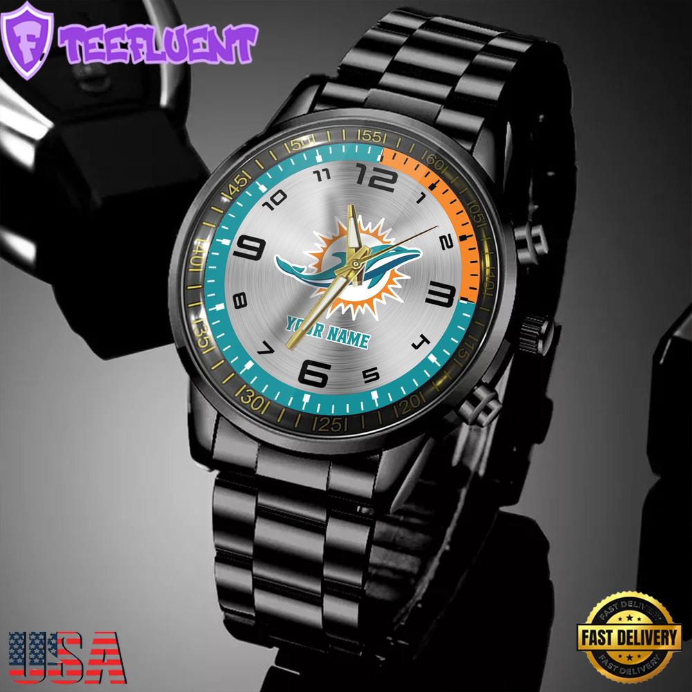 Custom Name Miami Dolphins NFL Black Stainless Steel Watch Gifts For Fans