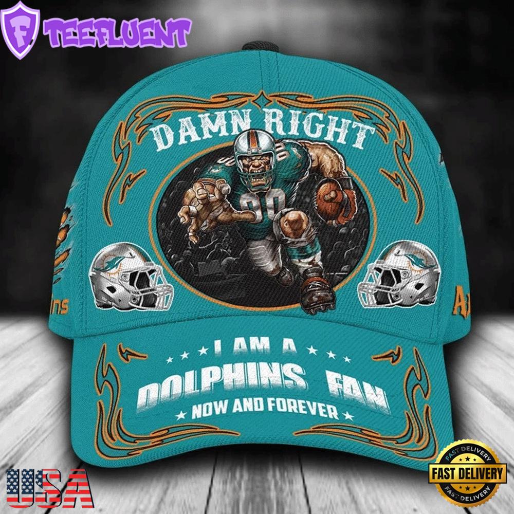 Custom Name Miami Dolphins NFL Mascot Damn Right Sport Baseball Cap