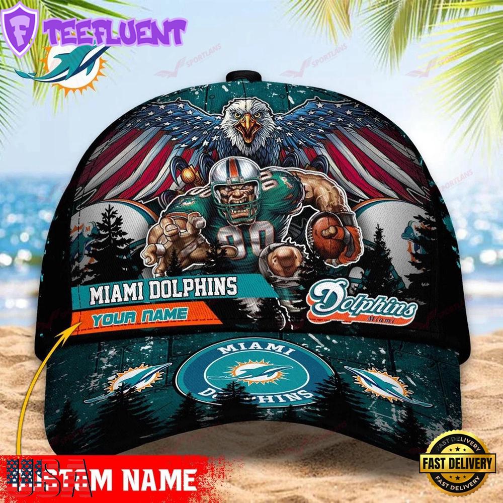 Custom Name Miami Dolphins NFL Mascot Eagle Baseball Cap