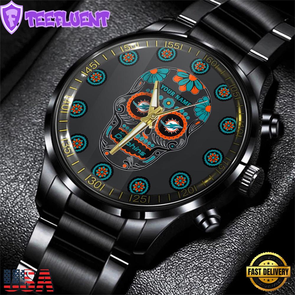 Custom Name Miami Dolphins NFL Men Black Stainless Steel Watch Gift For Fans
