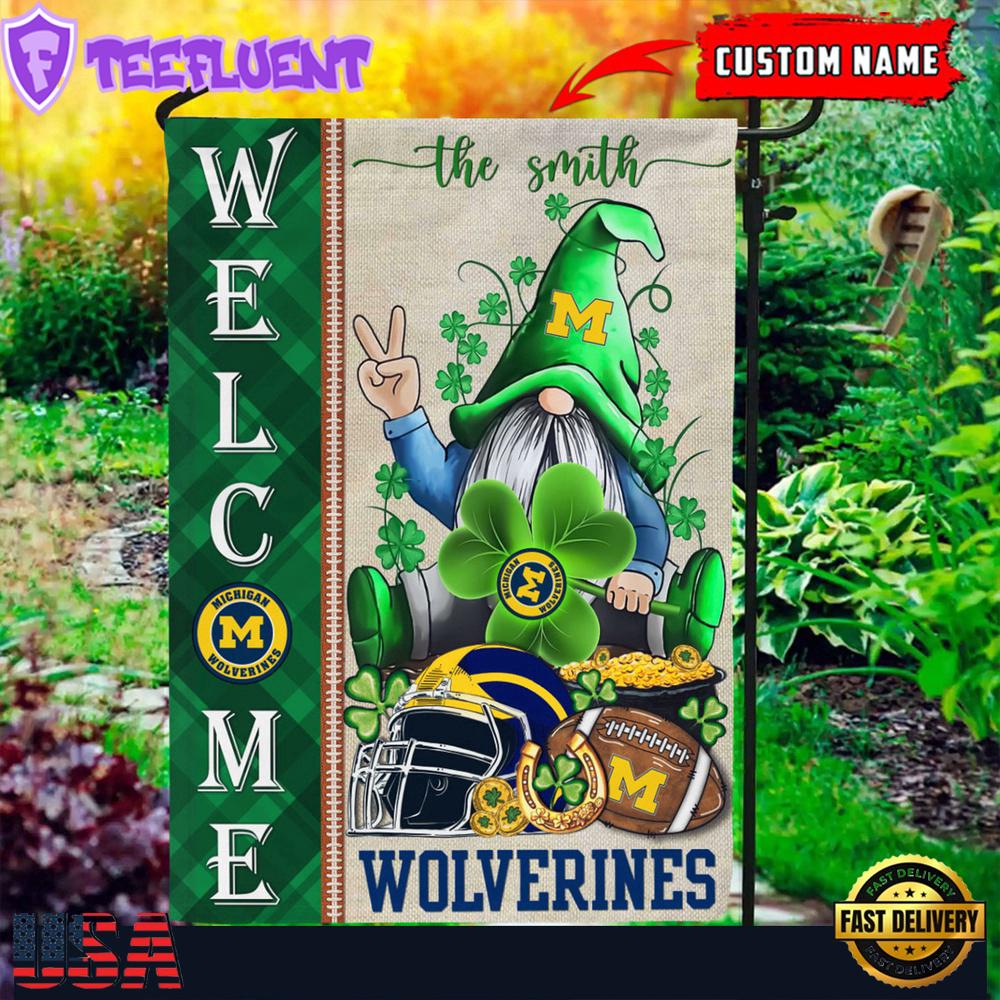 Custom Name Michigan Wolverines Happy St. Patrick's Day Shamrock House And Garden Flag