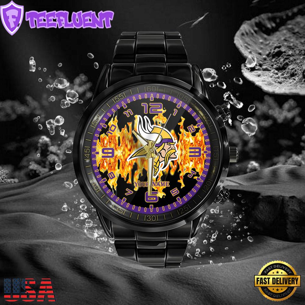 NFL Custom Name Minnesota Vikings 3D Men Black Stainless Steel Watch NFL Custom Name Minnesota Vikings 3D Men Black Stainless Steel Watch