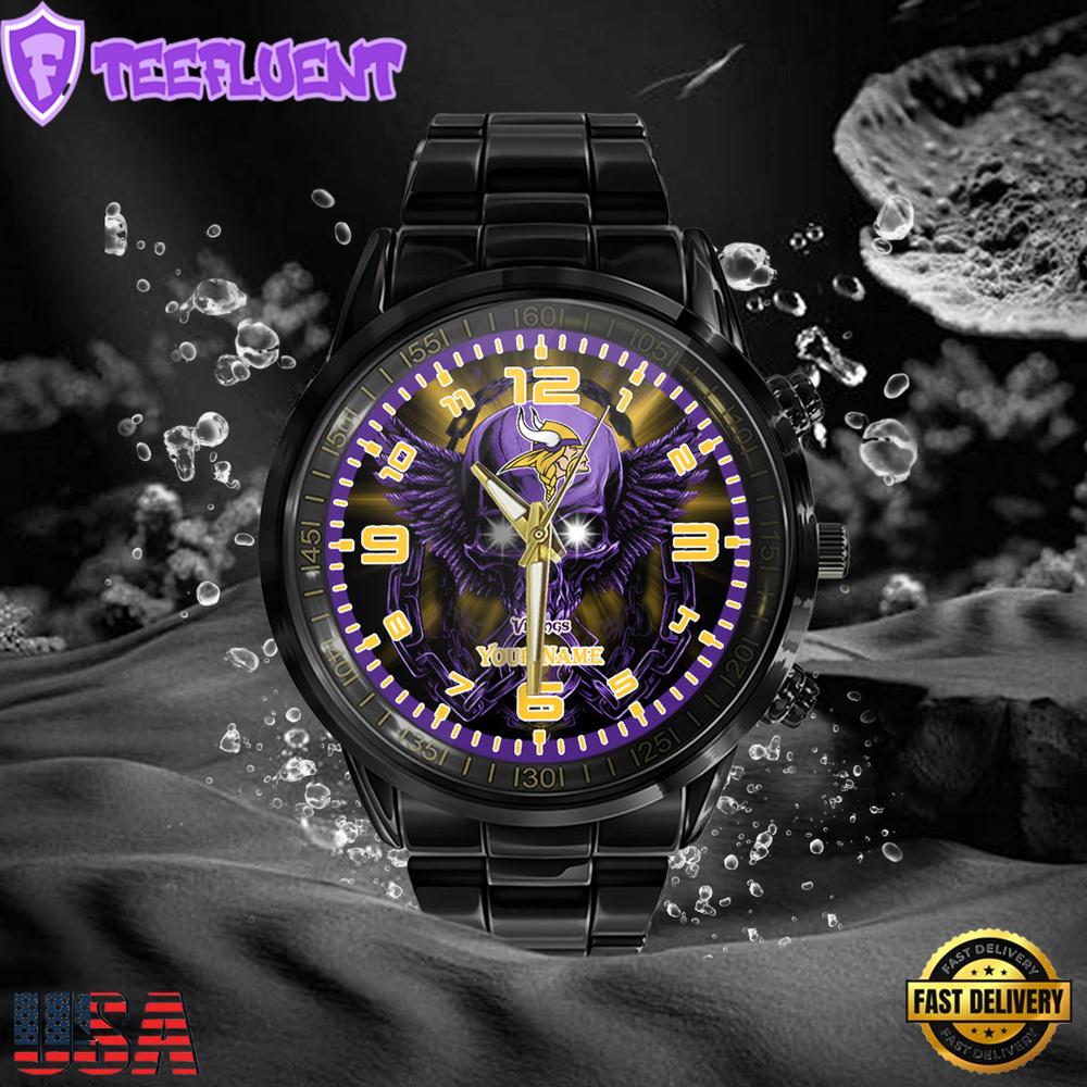 NFL Custom Name Minnesota Vikings 3D Men Black Stainless Steel Watch NFL Custom Name Minnesota Vikings 3D Men Black Stainless Steel Watch