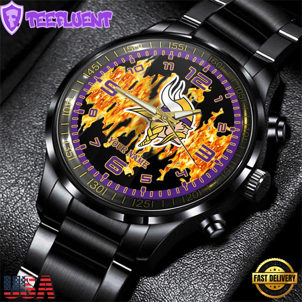 Custom Name Minnesota Vikings NFL 3D Men Black Stainless Steel Watch Gift For Fans