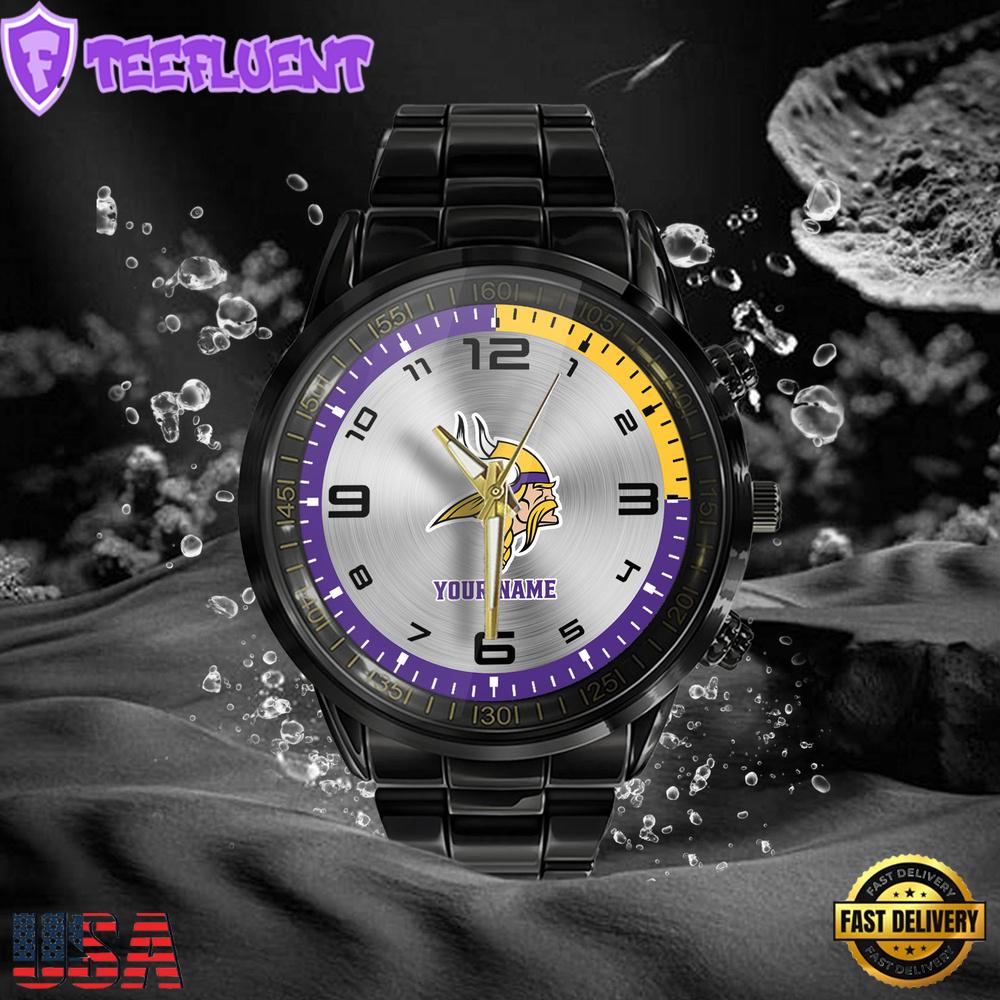 NFL Custom Name Minnesota Vikings Black Stainless Steel Watch Gifts For Fans NFL Custom Name Minnesota Vikings Black Stainless Steel Watch Gifts For Fans