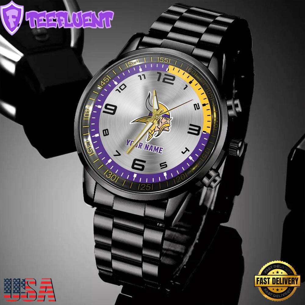 Custom Name Minnesota Vikings NFL Black Stainless Steel Watch Gifts For Fans