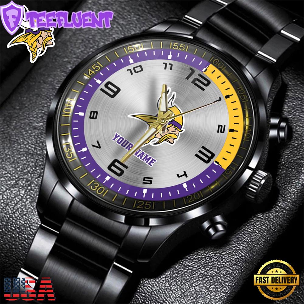 Custom Name Minnesota Vikings NFL Black Stainless Steel Watch Gifts For Fans