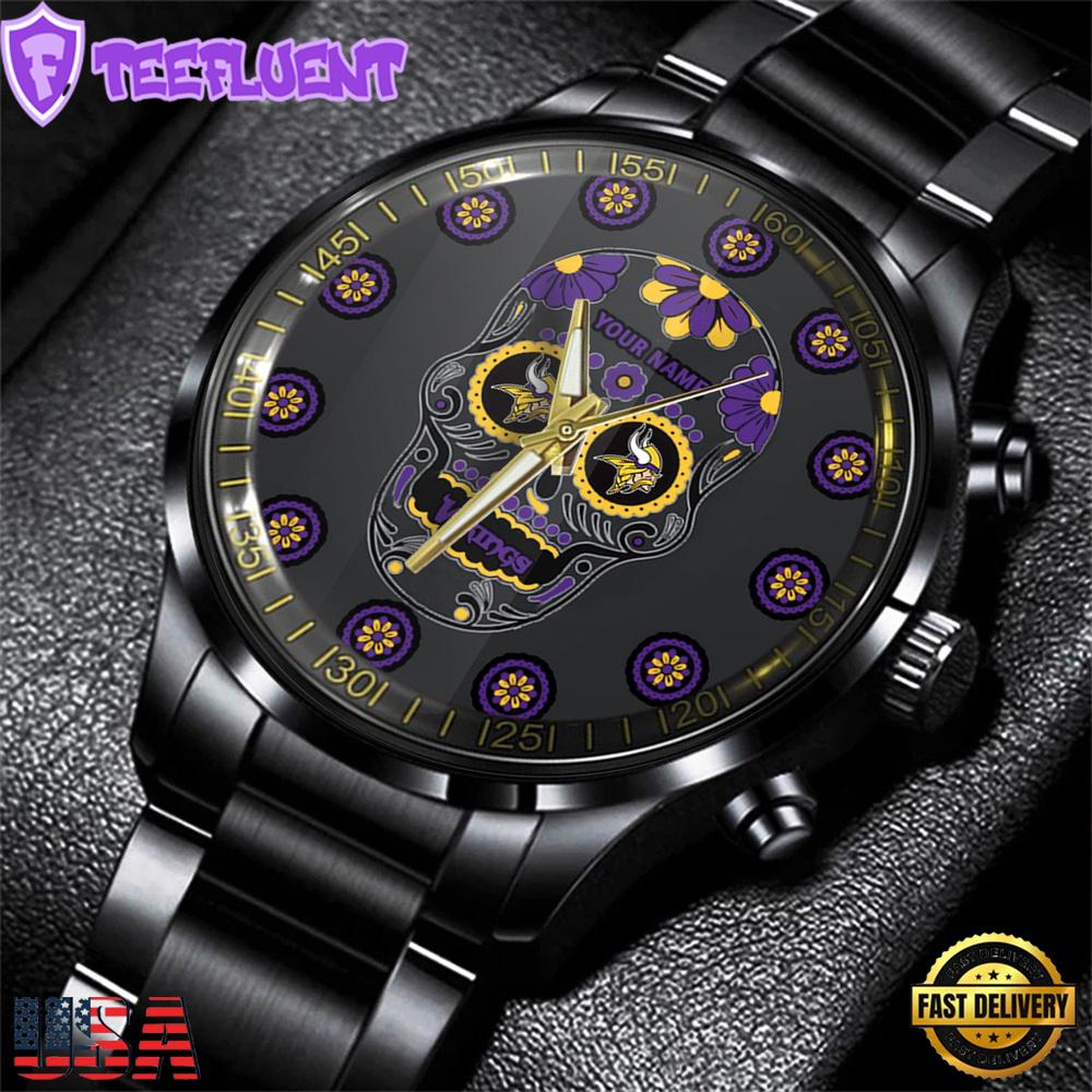 Custom Name Minnesota Vikings NFL Men Black Stainless Steel Watch Gift For Fans