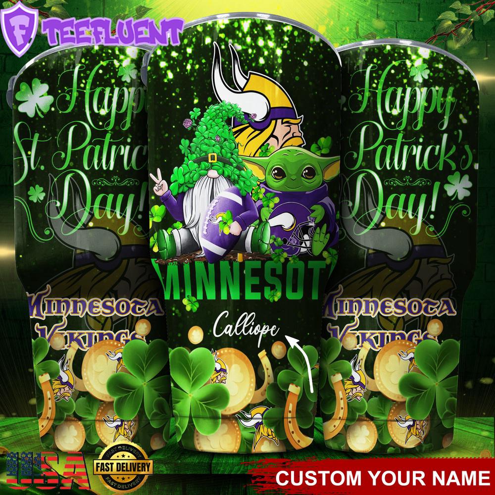 Custom Name Minnesota Vikings NFL Shamrock Happy Patrick Day Tumbler