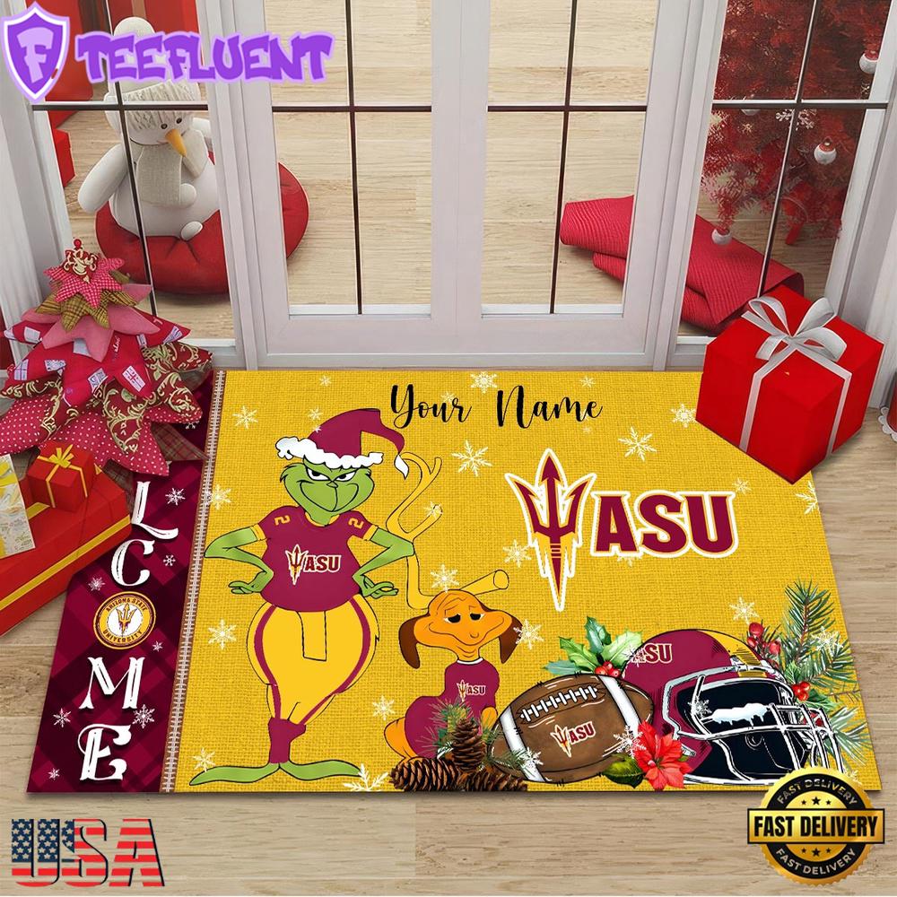 Custom Name NCAA Arizona State Sun Devils Grinch Christmas Welcome Football Doormat