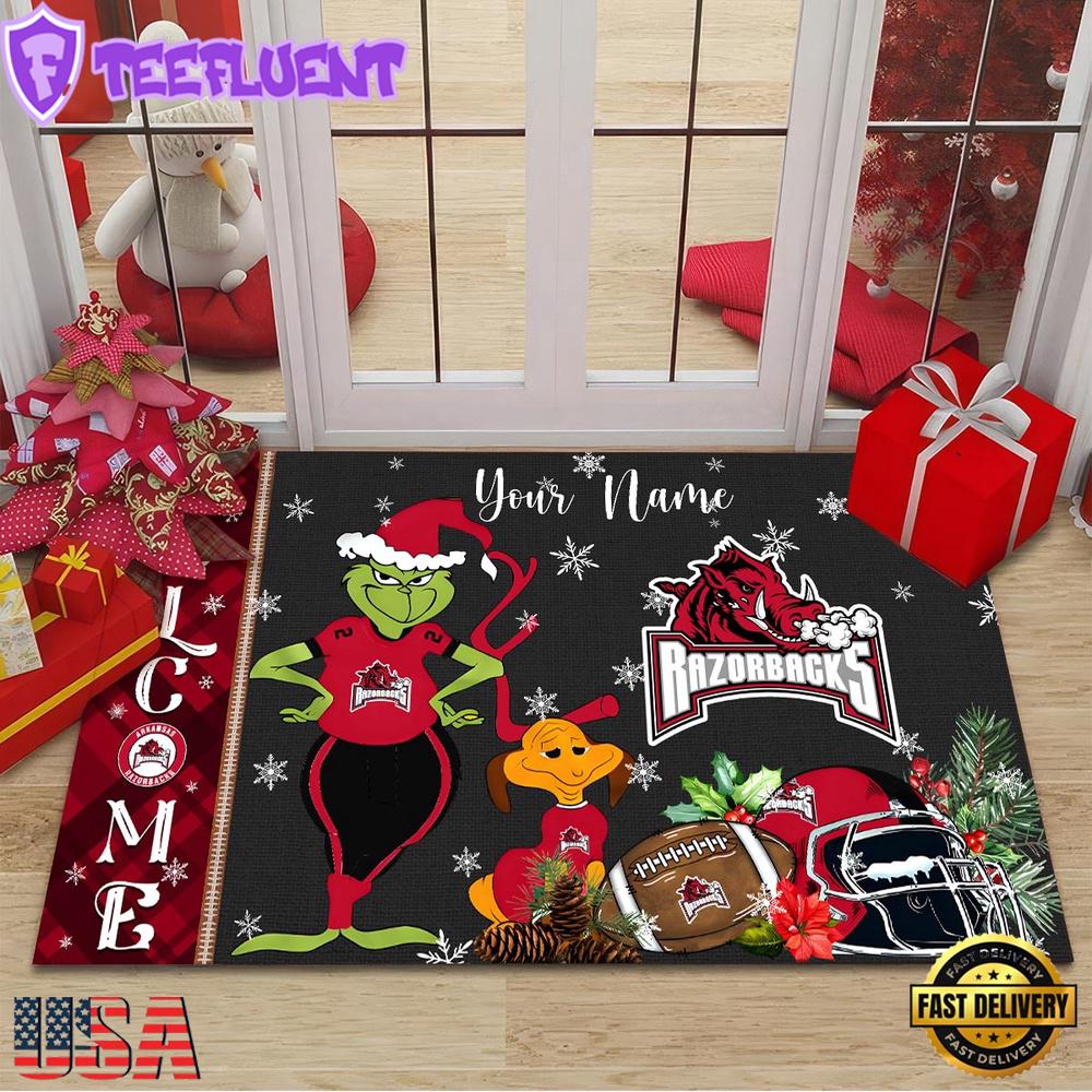 Custom Name NCAA Arkansas Razorbacks Grinch Christmas Welcome Football Doormat