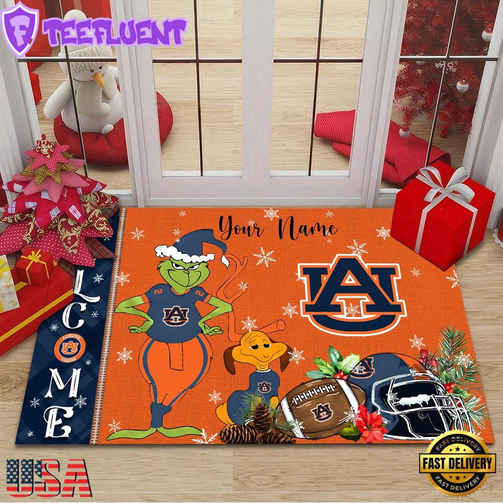 Custom Name NCAA Auburn Tigers Grinch Christmas Welcome Football Doormat