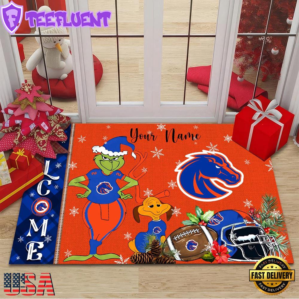 Custom Name NCAA Boise State Broncos Grinch Christmas Welcome Football Doormat