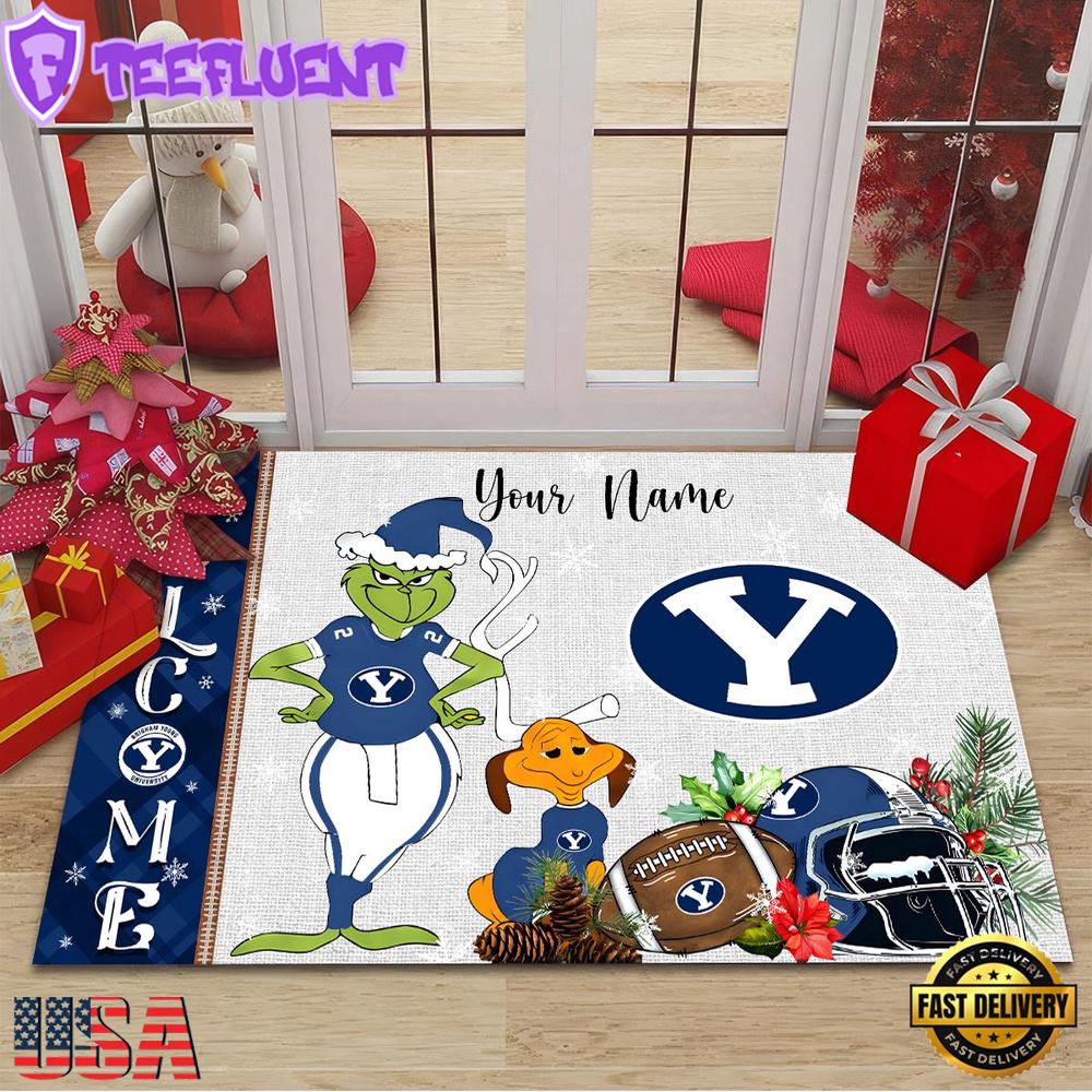 Custom Name NCAA BYU Cougars Grinch Christmas Welcome Football Doormat