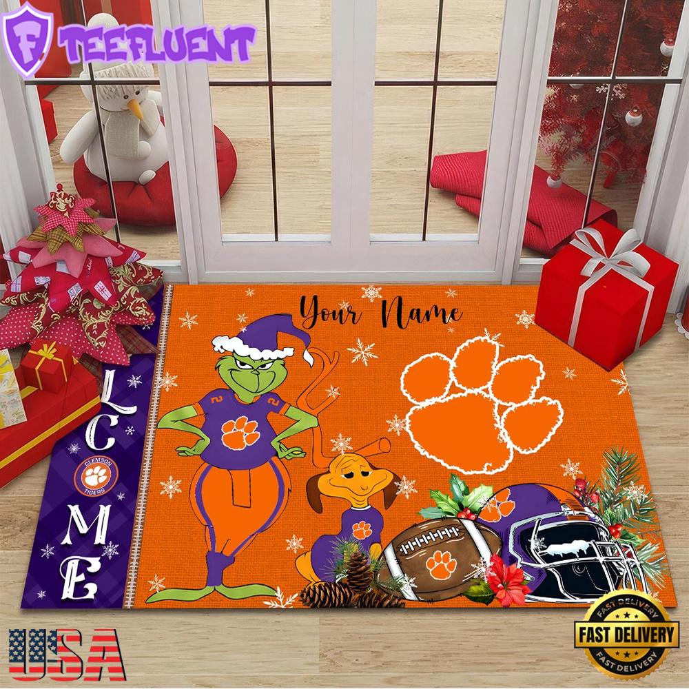 Custom Name NCAA Clemson Tigers Grinch Christmas Welcome Football Doormat