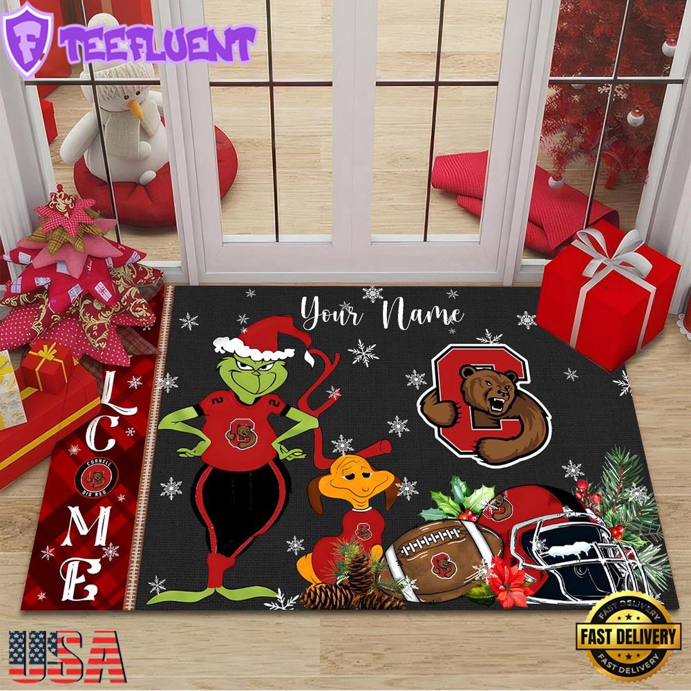 Custom Name NCAA Cornell Big Red Grinch Christmas Welcome Football Doormat