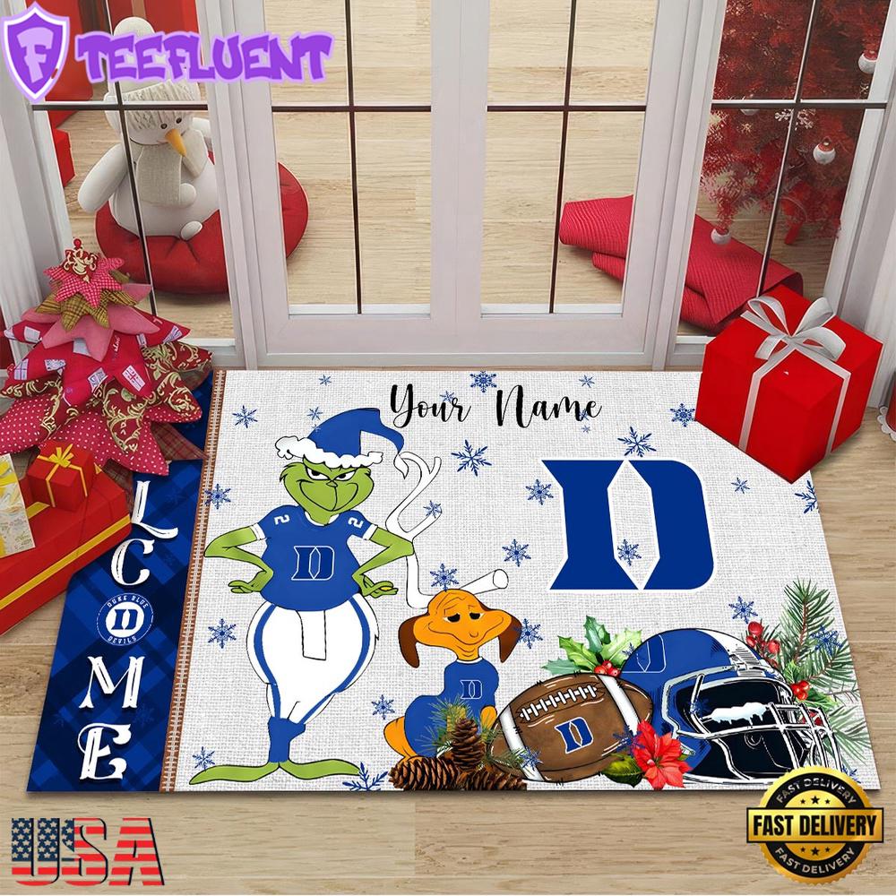 Custom Name NCAA Duke Blue Devils Grinch Christmas Welcome Football Doormat