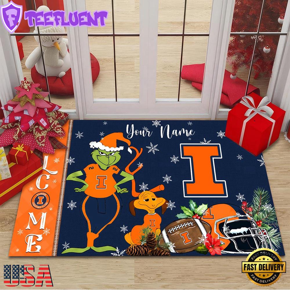 Custom Name NCAA Illinois Fighting Illini Grinch Christmas Welcome Football Doormat