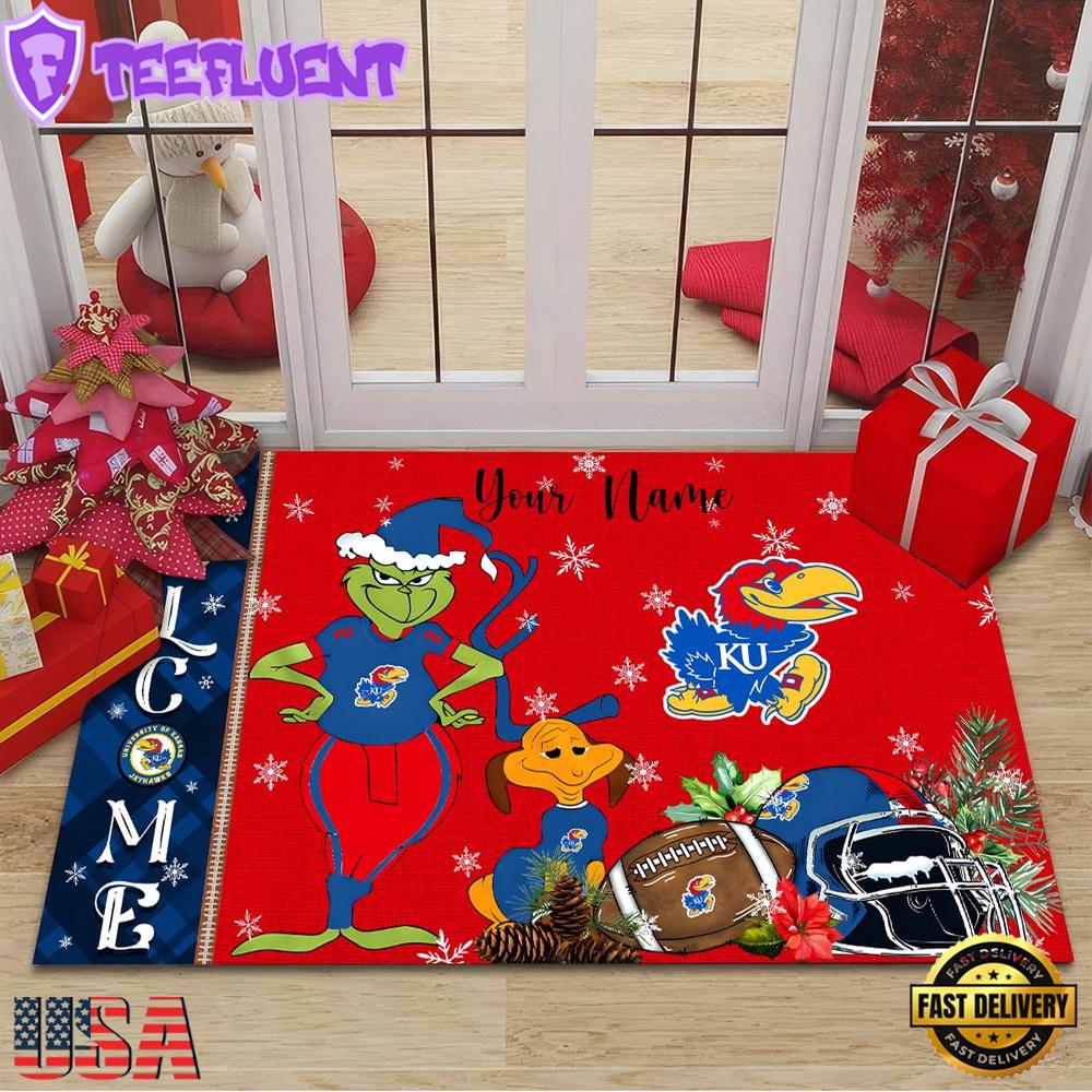 Custom Name NCAA Kansas Jayhawks Grinch Christmas Welcome Football Doormat