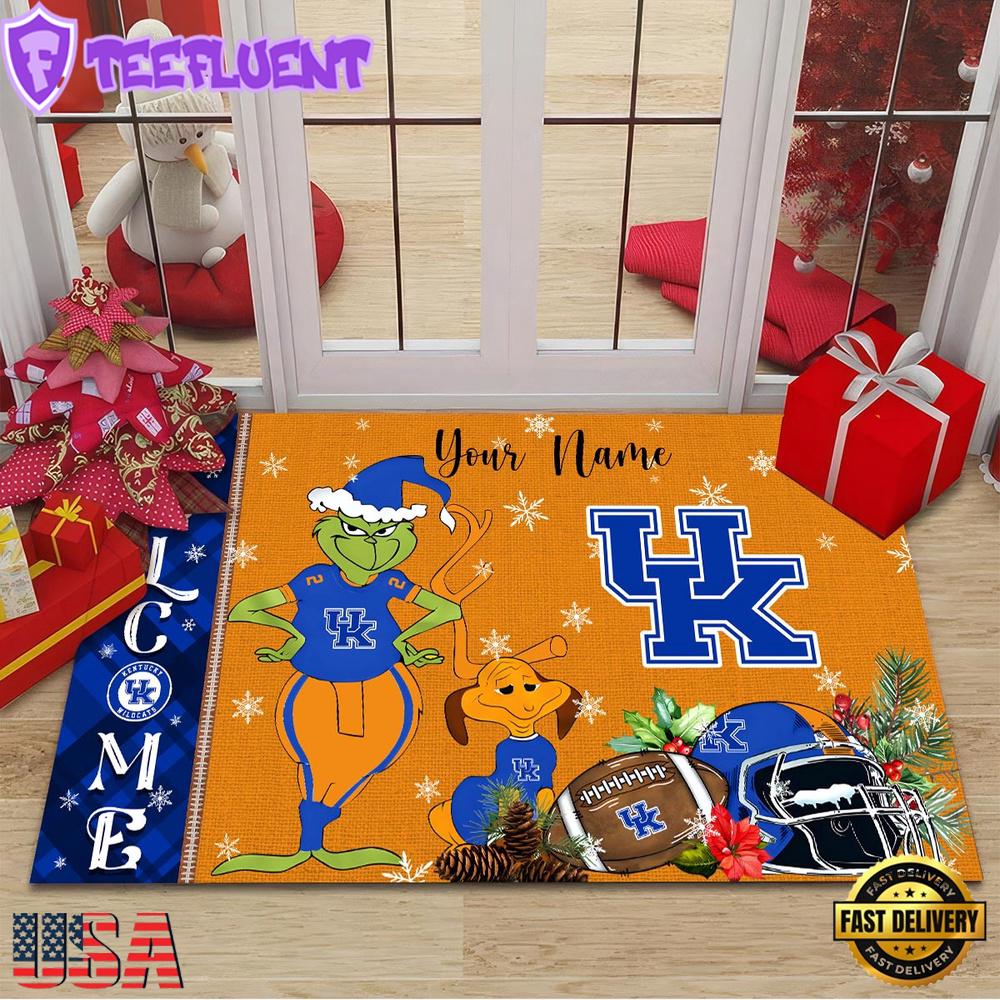 Custom Name NCAA Kentucky Wildcats Grinch Christmas Welcome Football Doormat