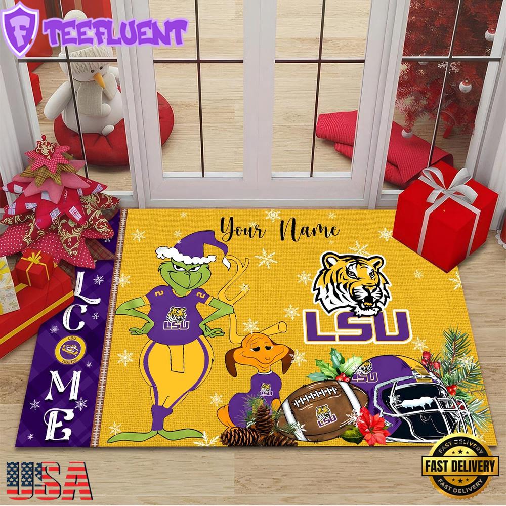 Custom Name NCAA LSU Tigers Grinch Christmas Welcome Football Doormat