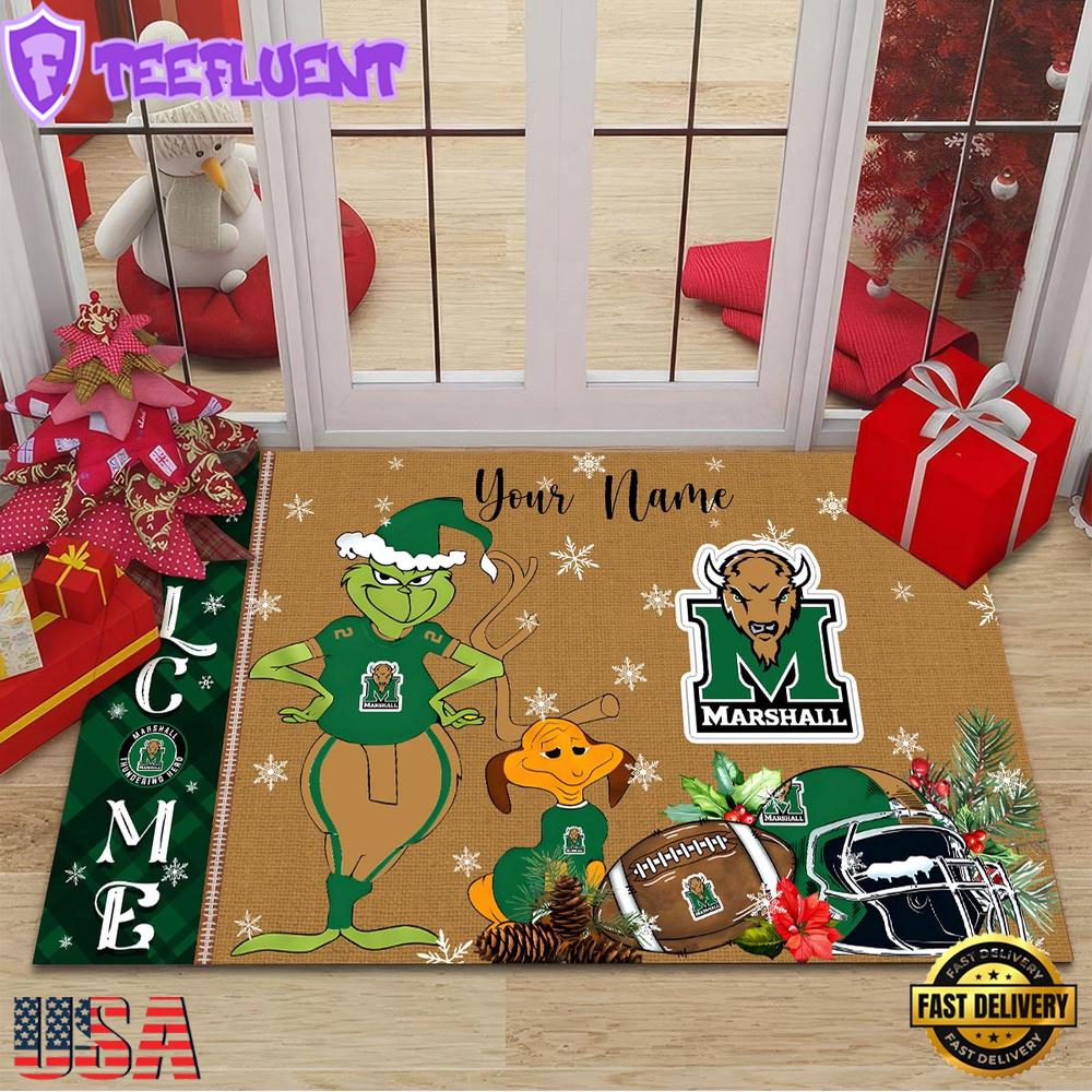 Custom Name NCAA Marshall Thundering Herd Grinch Christmas Welcome Football Doormat