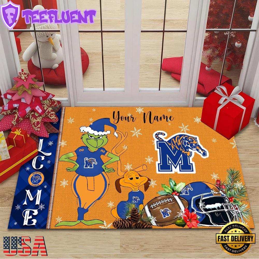Custom Name NCAA Memphis Tigers Grinch Christmas Welcome Football Doormat