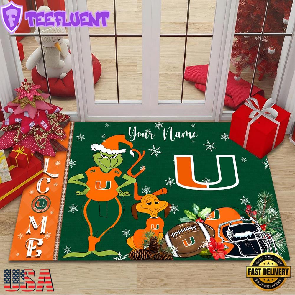 Custom Name NCAA Miami Hurricanes Grinch Christmas Welcome Football Doormat