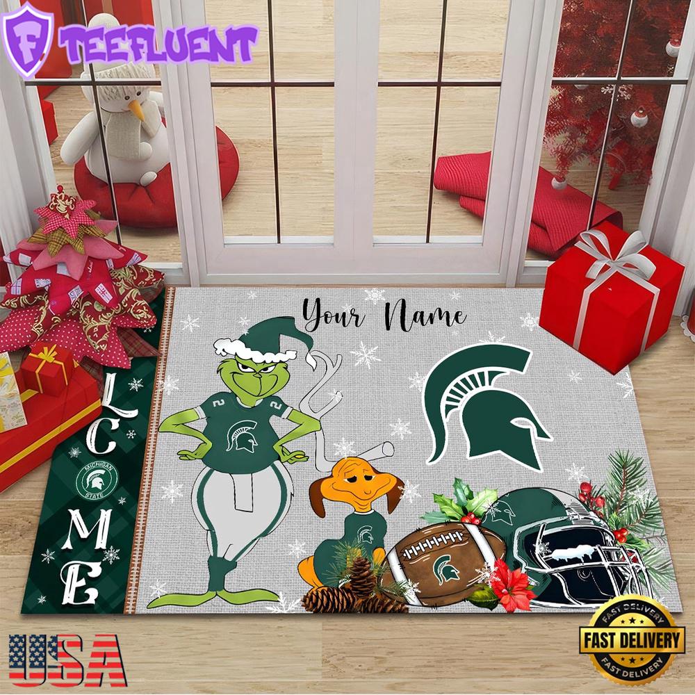 Custom Name NCAA Michigan State Spartans Grinch Christmas Welcome Football Doormat