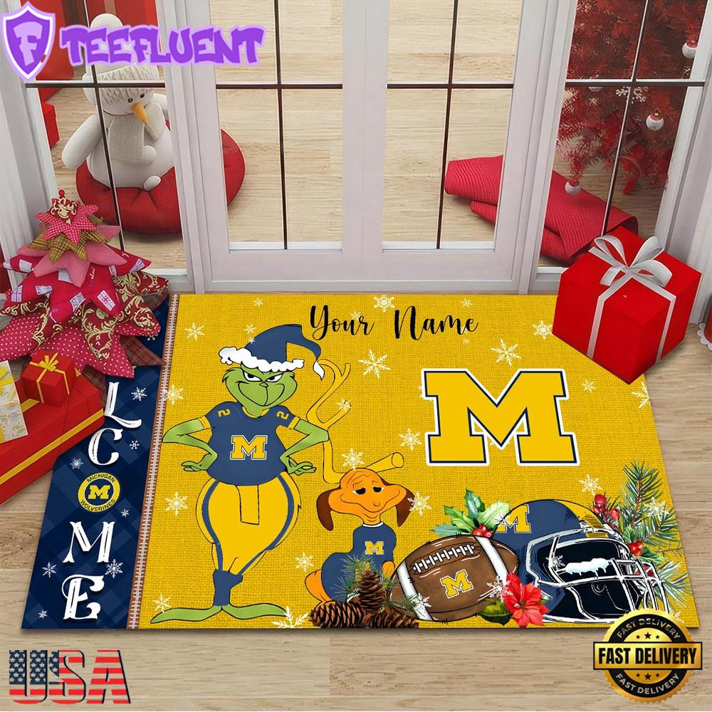 Custom Name NCAA Michigan Wolverines Grinch Christmas Welcome Football Doormat
