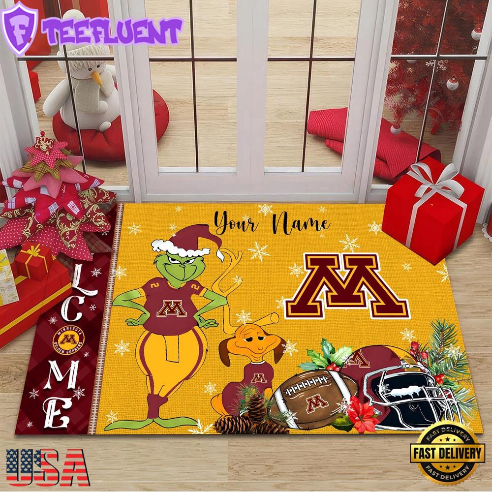 Custom Name NCAA Minnesota Golden Gophers Grinch Christmas Welcome Football Doormat
