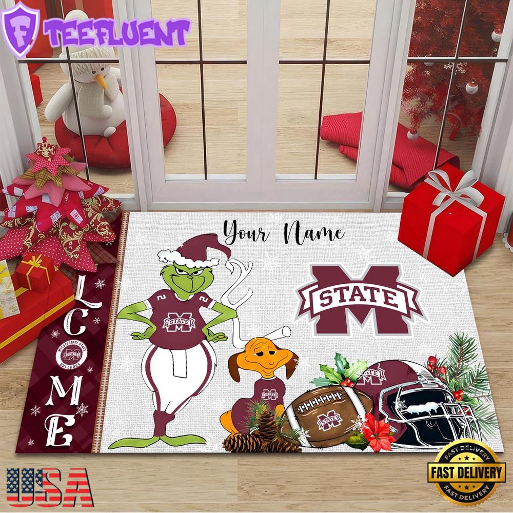 Custom Name NCAA Mississippi State Bulldogs Grinch Christmas Welcome Football Doormat