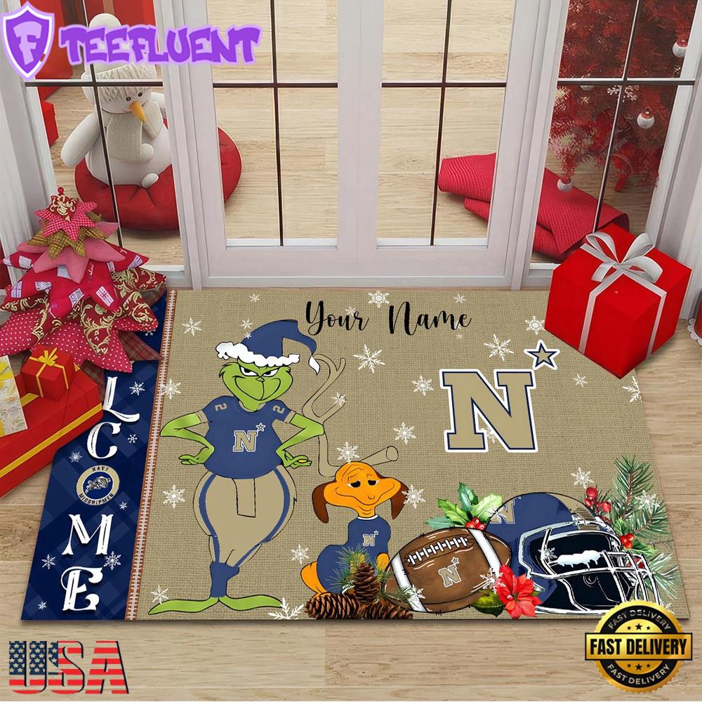 Custom Name NCAA Navy Midshipmen Grinch Christmas Welcome Football Doormat