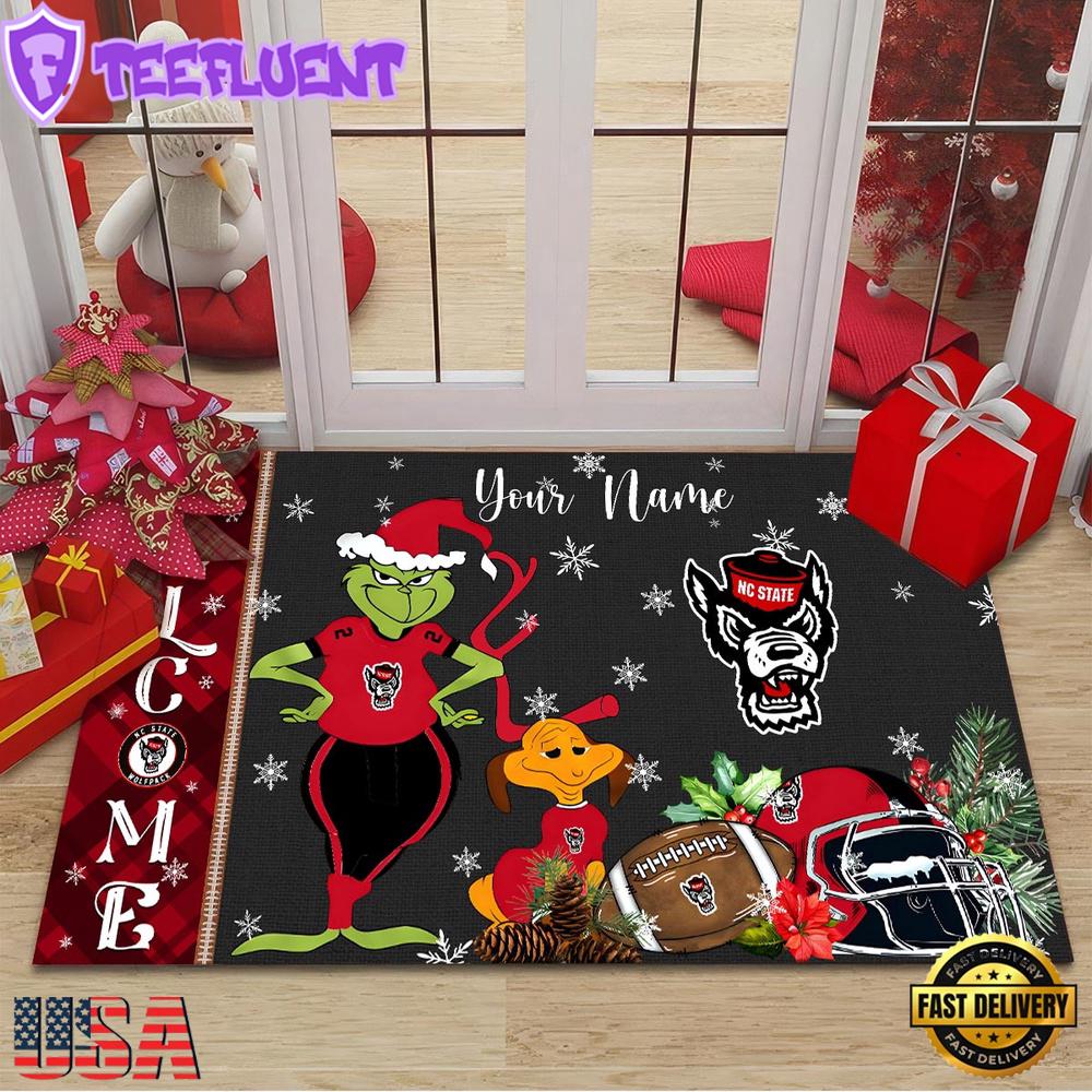 Custom Name NCAA NC State Wolfpack Grinch Christmas Welcome Football Doormat