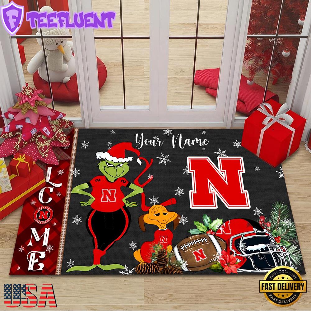 Custom Name NCAA Nebraska Cornhuskers Grinch Christmas Welcome Football Doormat