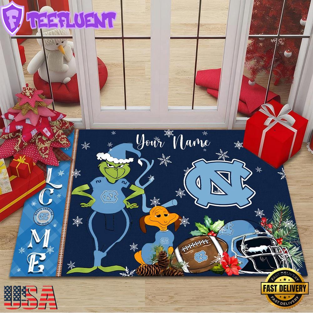 Custom Name NCAA North Carolina Tar Heels Grinch Christmas Welcome Football Doormat