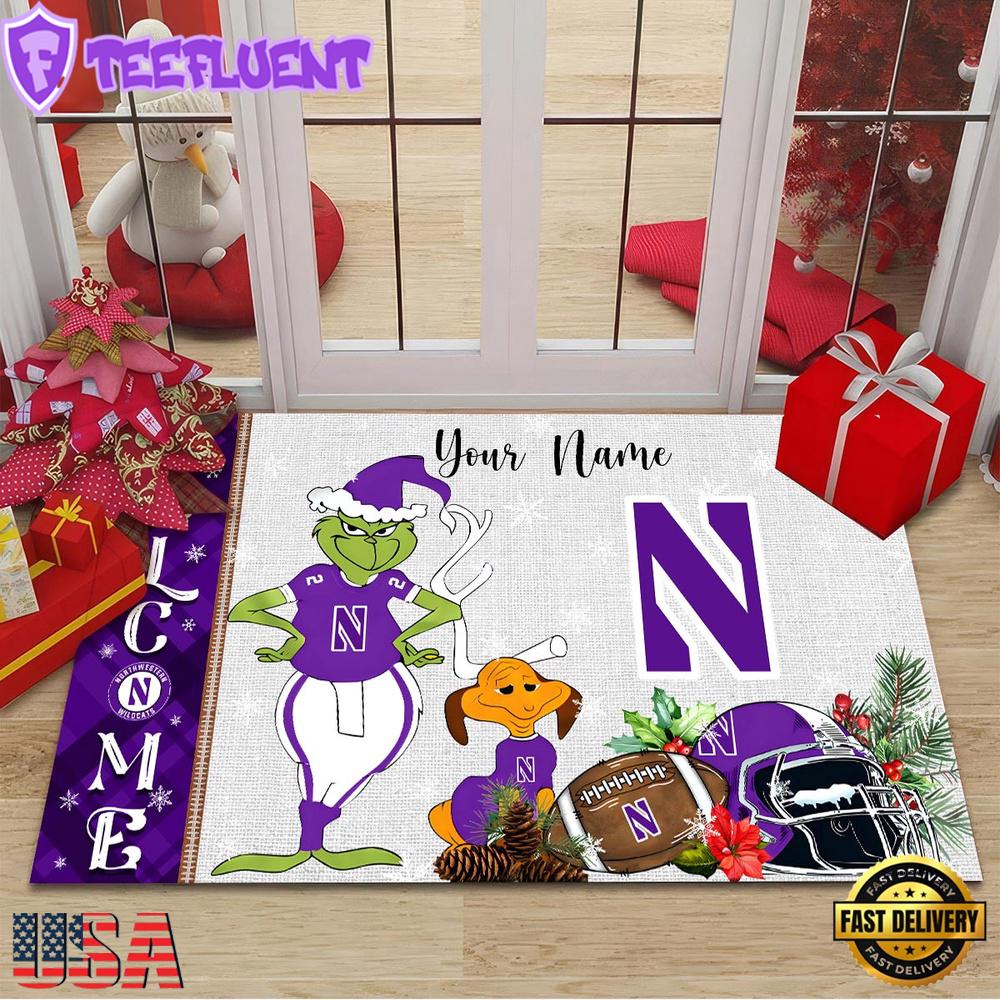 Custom Name NCAA Northwestern Wildcats Grinch Christmas Welcome Football Doormat