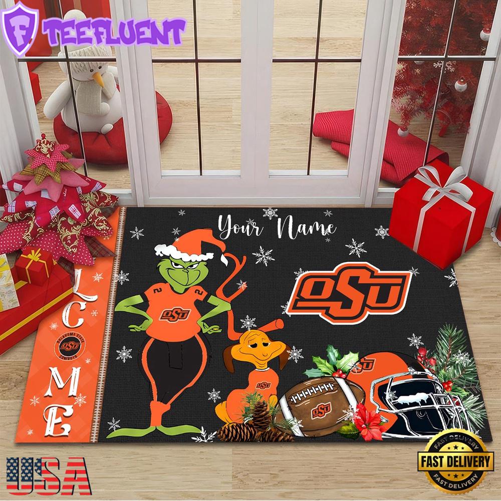 Custom Name NCAA Oklahoma State Cowboys Grinch Christmas Welcome Football Doormat