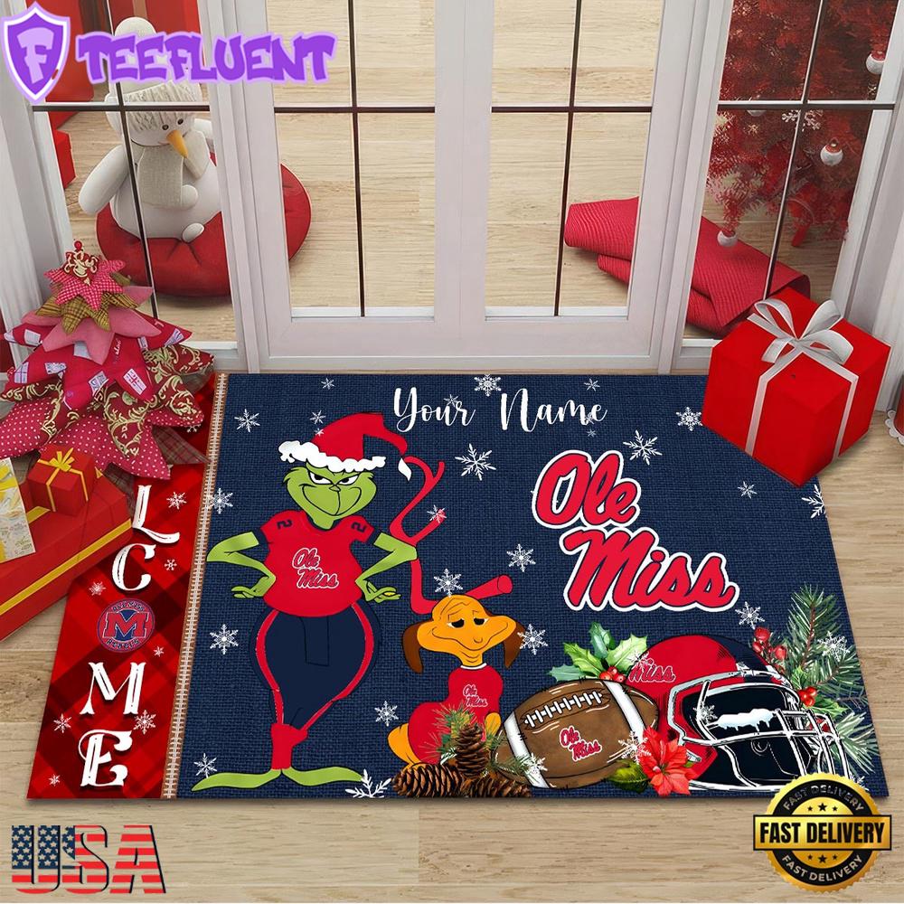 Custom Name NCAA Ole Miss Rebels Grinch Christmas Welcome Football Doormat